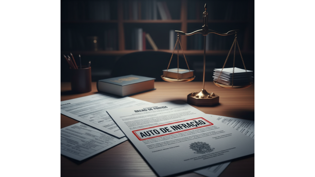 Advogado analisando auto de infração fiscal e elaborando defesa tributária.