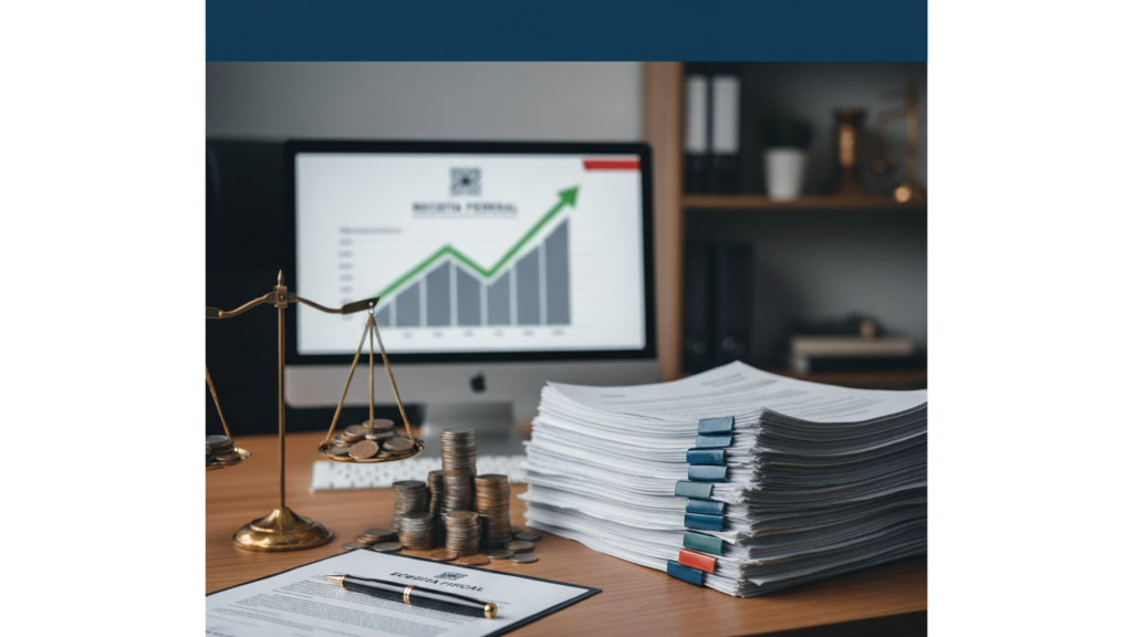Gráfico de crescimento financeiro ao lado de pilha de documentos tributários.