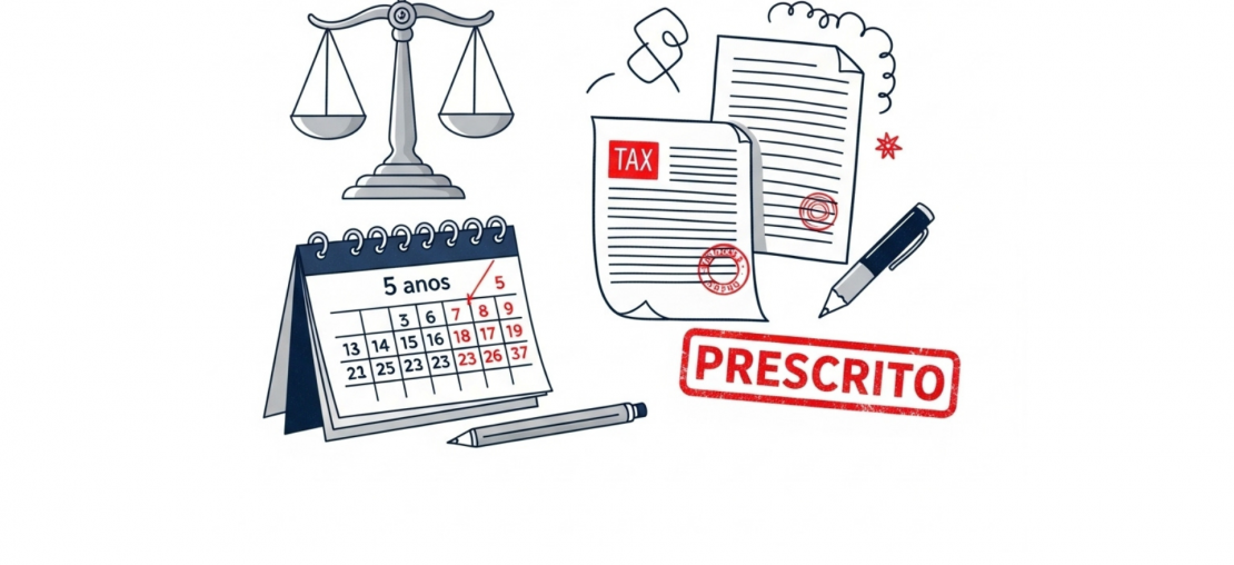Ilustração sobre prescrição de dívida tributária, mostrando uma balança da justiça, um calendário de 5 anos, documentos de imposto e um carimbo vermelho escrito 'PRESCRITO'.