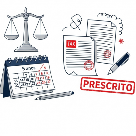 Ilustração sobre prescrição de dívida tributária, mostrando uma balança da justiça, um calendário de 5 anos, documentos de imposto e um carimbo vermelho escrito 'PRESCRITO'.