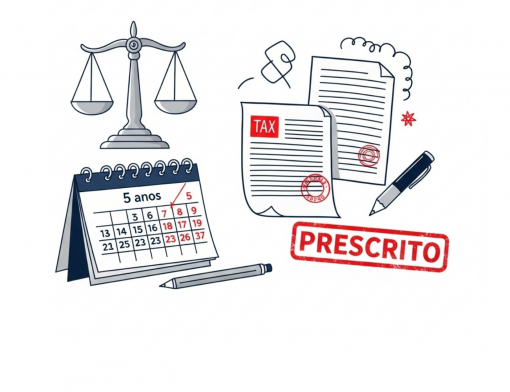 Ilustração sobre prescrição de dívida tributária, mostrando uma balança da justiça, um calendário de 5 anos, documentos de imposto e um carimbo vermelho escrito 'PRESCRITO'.