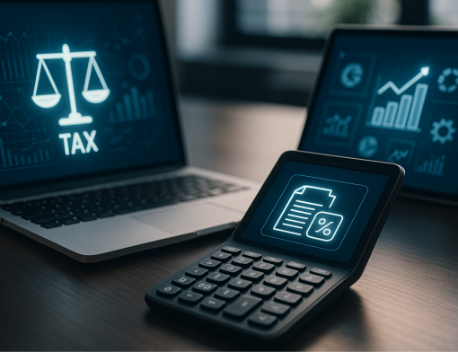 Gráfico representando a Reforma Tributária Digital no Brasil, com ícones de tecnologia e economia simbolizando inovação fiscal e transformação digital no sistema tributário.