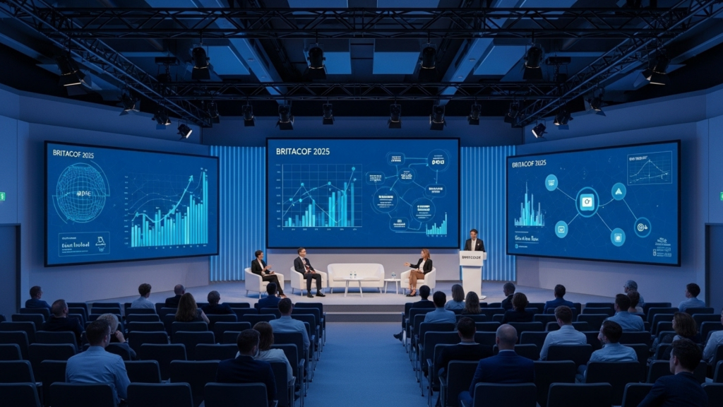 Painel de conferência exibindo a arquitetura tecnológica da Reforma Tributária Digital apresentada na BRITACOF 2025, com profissionais de tecnologia e finanças analisando integrações fiscais e sistemas ERP.