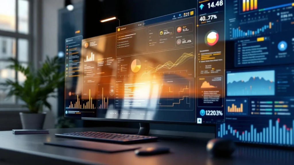 Tela digital com painéis de configuração fiscal e dashboards de conformidade representando cadastros, APIs e testes de homologação da Reforma Tributária Digital no Brasil.