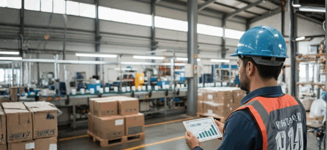 Gestor em fábrica exportadora segurando tablet com gráficos, em meio a linha de produção e pallets com caixas, representando o controle de créditos de CBS/IBS na indústria exportadora.