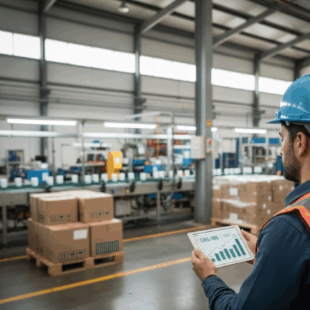 Gestor em fábrica exportadora segurando tablet com gráficos, em meio a linha de produção e pallets com caixas, representando o controle de créditos de CBS/IBS na indústria exportadora.