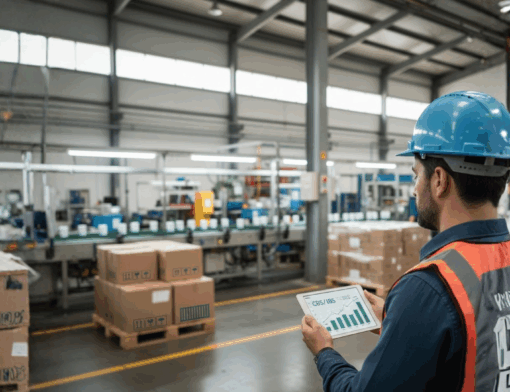 Gestor em fábrica exportadora segurando tablet com gráficos, em meio a linha de produção e pallets com caixas, representando o controle de créditos de CBS/IBS na indústria exportadora.