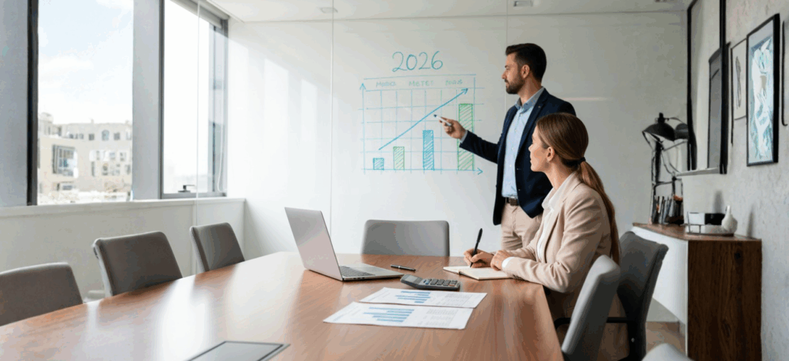 Consultor tributário apresentando gráficos e calendário de 2026 em quadro branco, enquanto executivo faz anotações em mesa com relatórios e calculadora, representando planejamento para reduzir impostos com a Reforma Tributária 2026.