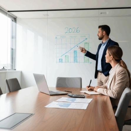 Consultor tributário apresentando gráficos e calendário de 2026 em quadro branco, enquanto executivo faz anotações em mesa com relatórios e calculadora, representando planejamento para reduzir impostos com a Reforma Tributária 2026.