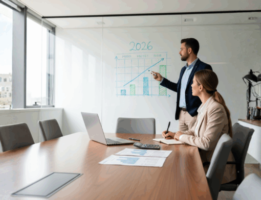 Consultor tributário apresentando gráficos e calendário de 2026 em quadro branco, enquanto executivo faz anotações em mesa com relatórios e calculadora, representando planejamento para reduzir impostos com a Reforma Tributária 2026.