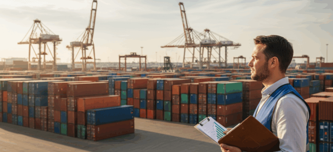 Profissional de comércio exterior em pátio de contêineres segurando prancheta com gráficos, representando um plano de 12 meses para maximizar o ressarcimento no regime de drawback em 2026.