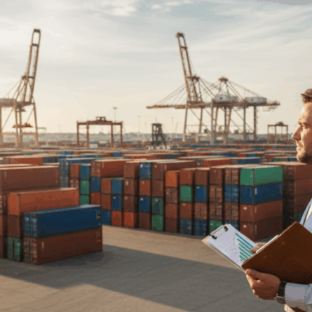 Profissional de comércio exterior em pátio de contêineres segurando prancheta com gráficos, representando um plano de 12 meses para maximizar o ressarcimento no regime de drawback em 2026.