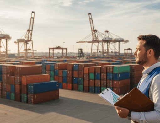 Profissional de comércio exterior em pátio de contêineres segurando prancheta com gráficos, representando um plano de 12 meses para maximizar o ressarcimento no regime de drawback em 2026.