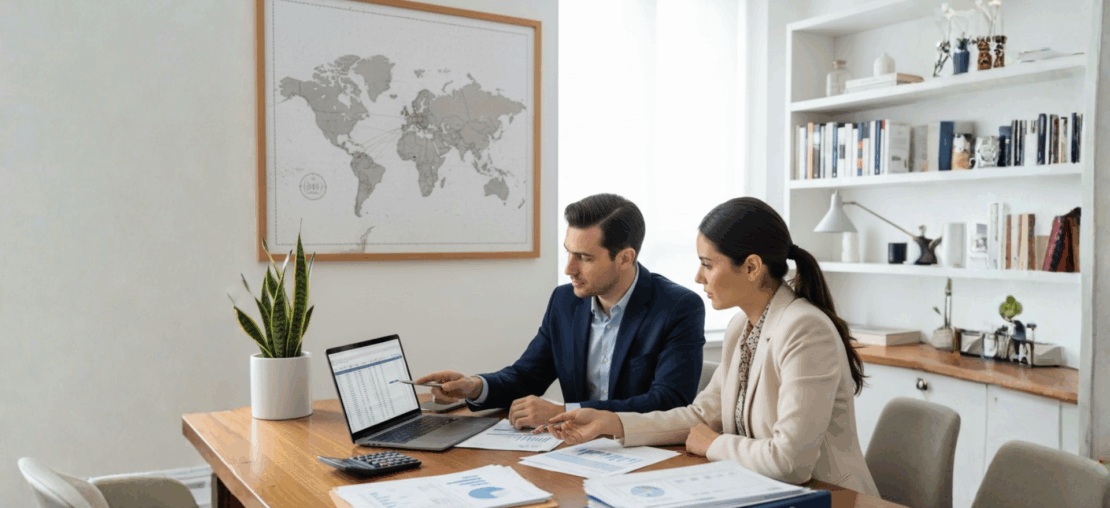 Equipe de executivos analisando mapa-múndi, gráficos financeiros e estruturas societárias em um escritório moderno, representando a estruturação tributária para expansão internacional em cinco passos.