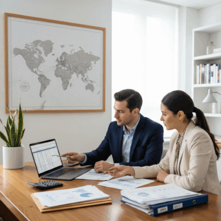Equipe de executivos analisando mapa-múndi, gráficos financeiros e estruturas societárias em um escritório moderno, representando a estruturação tributária para expansão internacional em cinco passos.