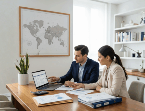 Equipe de executivos analisando mapa-múndi, gráficos financeiros e estruturas societárias em um escritório moderno, representando a estruturação tributária para expansão internacional em cinco passos.