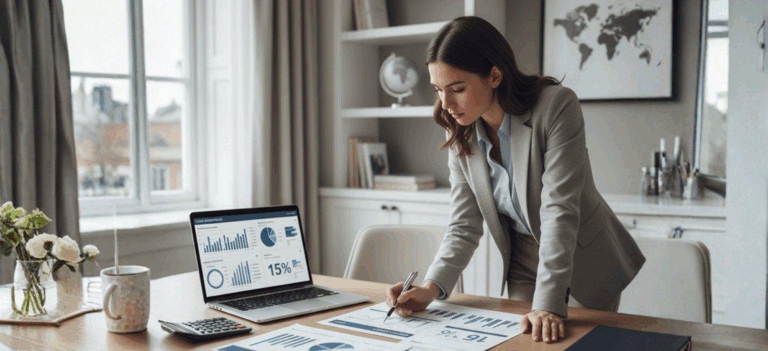 Consultor tributário analisando relatórios e gráficos em um escritório, com globo terrestre ao fundo, representando o planejamento para o global minimum tax de 15% e as regras do Pillar Two.