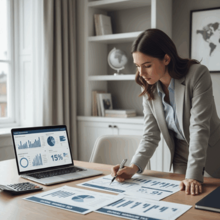 Consultor tributário analisando relatórios e gráficos em um escritório, com globo terrestre ao fundo, representando o planejamento para o global minimum tax de 15% e as regras do Pillar Two.