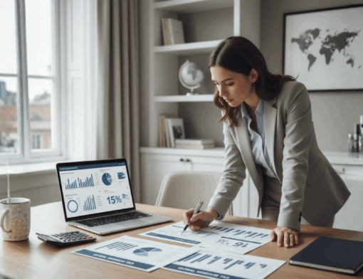 Consultor tributário analisando relatórios e gráficos em um escritório, com globo terrestre ao fundo, representando o planejamento para o global minimum tax de 15% e as regras do Pillar Two.