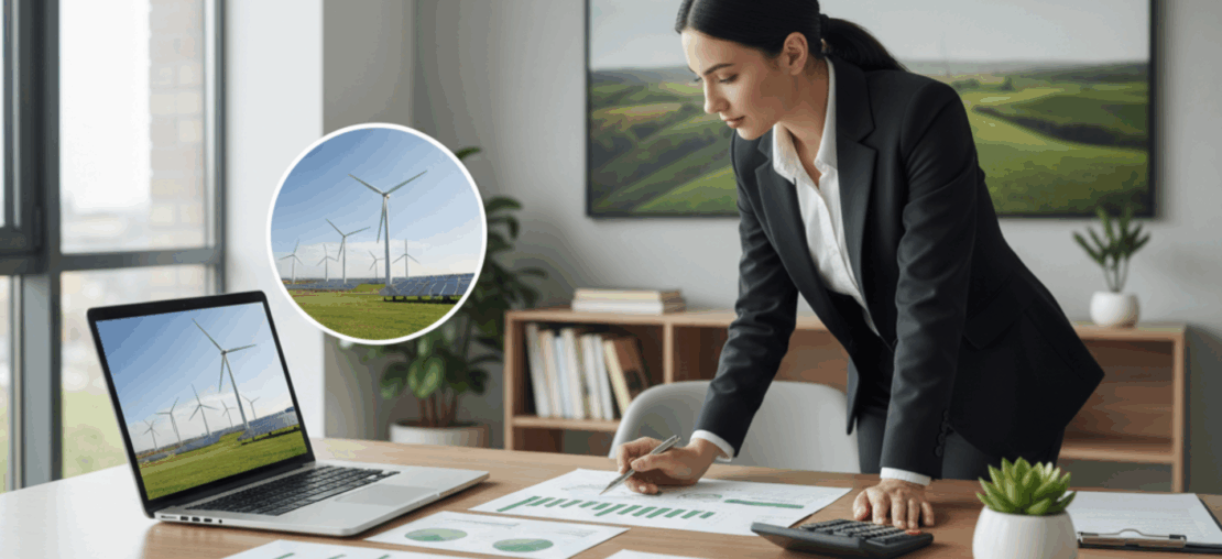 Consultor tributário em escritório analisando gráficos e relatórios com elementos em verde e imagens de energia renovável, representando incentivos fiscais para economia verde em 2025.