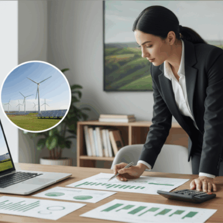 Consultor tributário em escritório analisando gráficos e relatórios com elementos em verde e imagens de energia renovável, representando incentivos fiscais para economia verde em 2025.