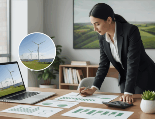 Consultor tributário em escritório analisando gráficos e relatórios com elementos em verde e imagens de energia renovável, representando incentivos fiscais para economia verde em 2025.