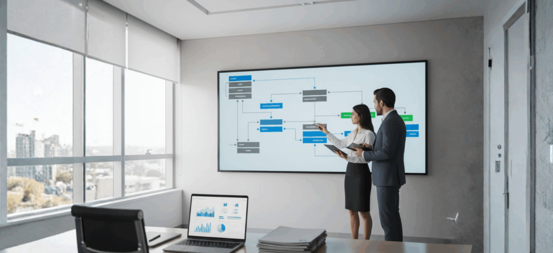Analistas de compliance em escritório observando grande tela com fluxograma de decisões, representando o monitoramento de risco e compliance de operações via PIX em 2025.
