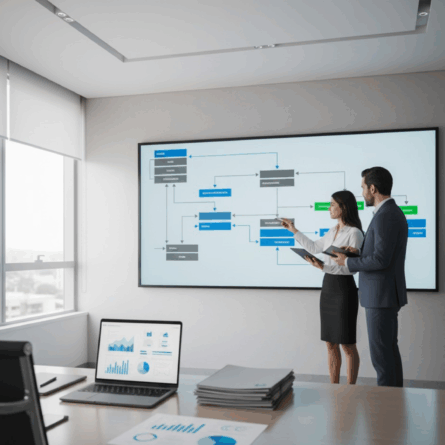 Analistas de compliance em escritório observando grande tela com fluxograma de decisões, representando o monitoramento de risco e compliance de operações via PIX em 2025.