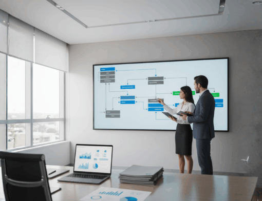 Analistas de compliance em escritório observando grande tela com fluxograma de decisões, representando o monitoramento de risco e compliance de operações via PIX em 2025.