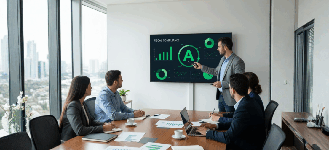 Equipe reunida em sala de reunião analisando painel de conformidade fiscal com indicador em nota A, representando o programa de conformidade da Receita em 2025.