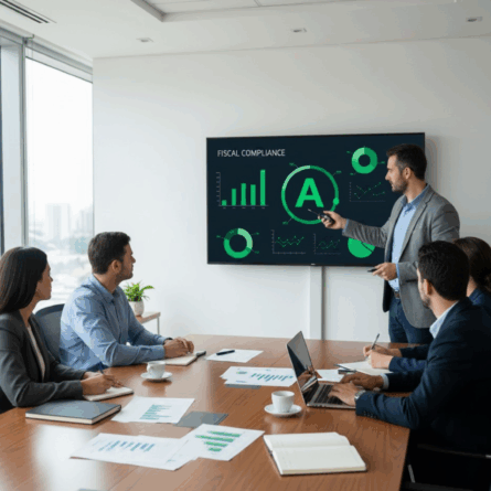 Equipe reunida em sala de reunião analisando painel de conformidade fiscal com indicador em nota A, representando o programa de conformidade da Receita em 2025.