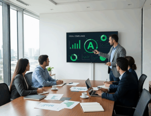 Equipe reunida em sala de reunião analisando painel de conformidade fiscal com indicador em nota A, representando o programa de conformidade da Receita em 2025.