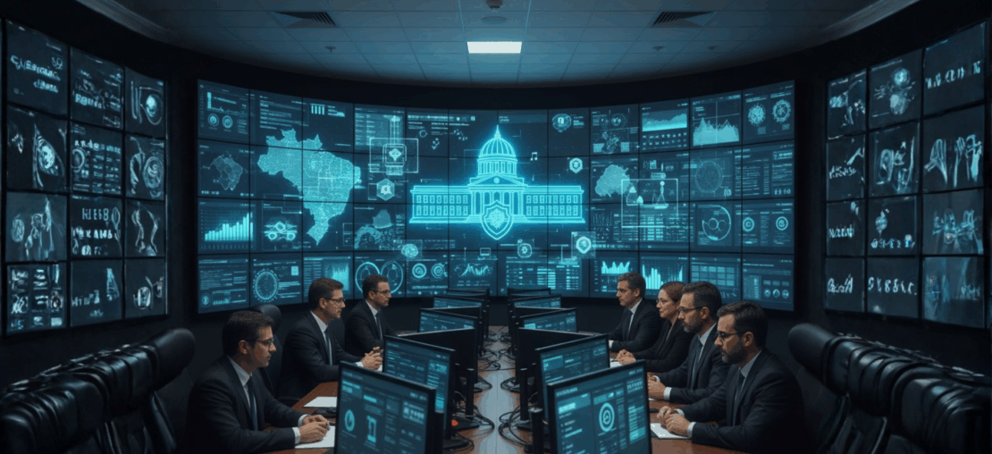 Centro de operações fiscais com analistas monitorando vários painéis de dados e elementos de inteligência artificial, representando a Receita Federal usando uma tax control tower para controle tributário.