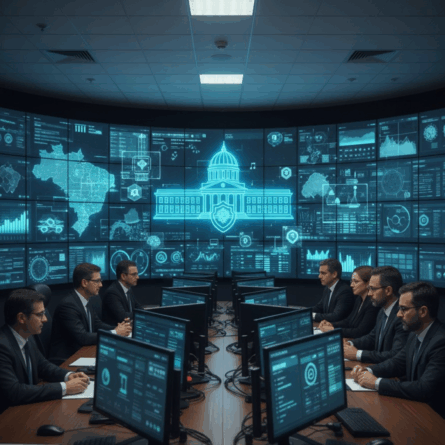 Centro de operações fiscais com analistas monitorando vários painéis de dados e elementos de inteligência artificial, representando a Receita Federal usando uma tax control tower para controle tributário.