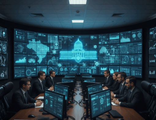 Centro de operações fiscais com analistas monitorando vários painéis de dados e elementos de inteligência artificial, representando a Receita Federal usando uma tax control tower para controle tributário.