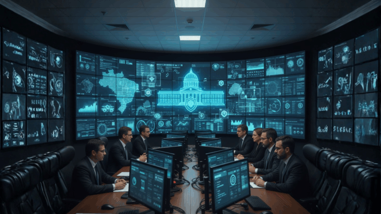 Centro de operações fiscais com analistas monitorando vários painéis de dados e elementos de inteligência artificial, representando a Receita Federal usando uma tax control tower para controle tributário.