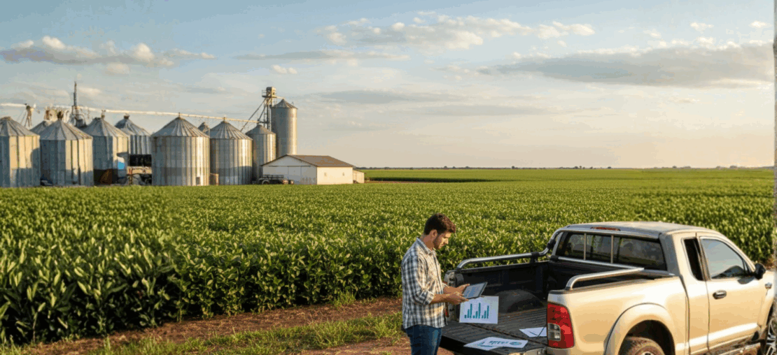 Produtor rural e consultor tributário ao lado de caminhonete em fazenda, analisando gráficos e documentos com silos e plantação ao fundo, representando a proteção de margens e créditos do agronegócio na Reforma Tributária.