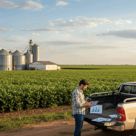 Produtor rural e consultor tributário ao lado de caminhonete em fazenda, analisando gráficos e documentos com silos e plantação ao fundo, representando a proteção de margens e créditos do agronegócio na Reforma Tributária.