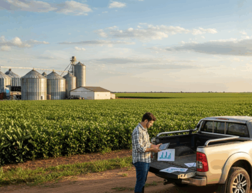 Produtor rural e consultor tributário ao lado de caminhonete em fazenda, analisando gráficos e documentos com silos e plantação ao fundo, representando a proteção de margens e créditos do agronegócio na Reforma Tributária.