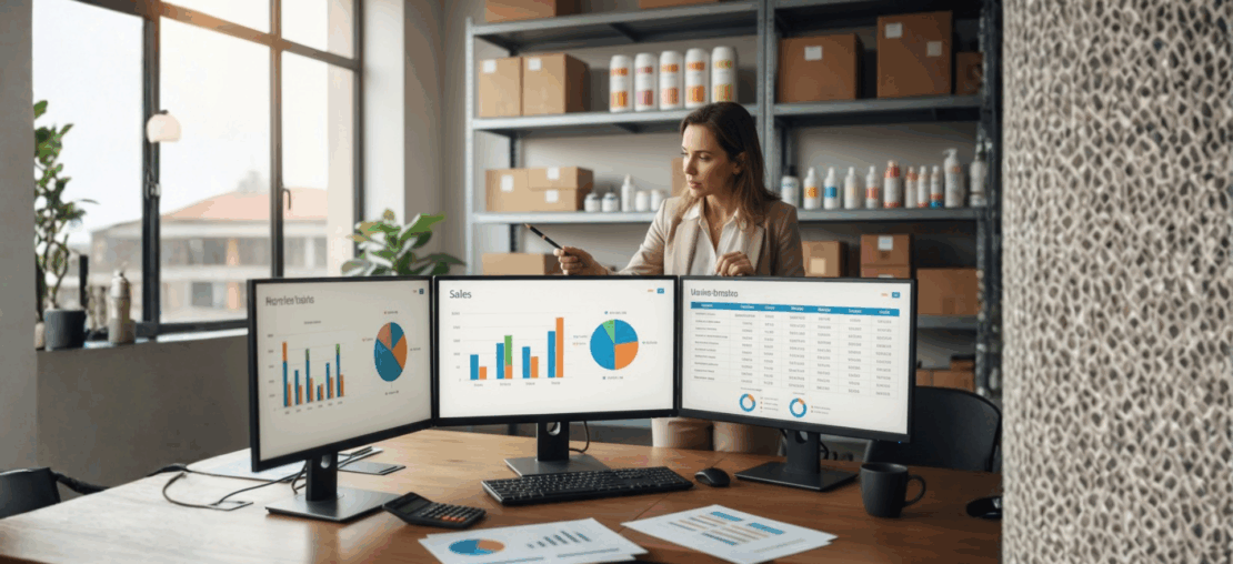 Gestor de e-commerce analisando dashboards em múltiplos monitores em escritório com caixas e prateleiras ao fundo, representando o cálculo do blended tax rate ideal para vendas em marketplaces após a Reforma Tributária.