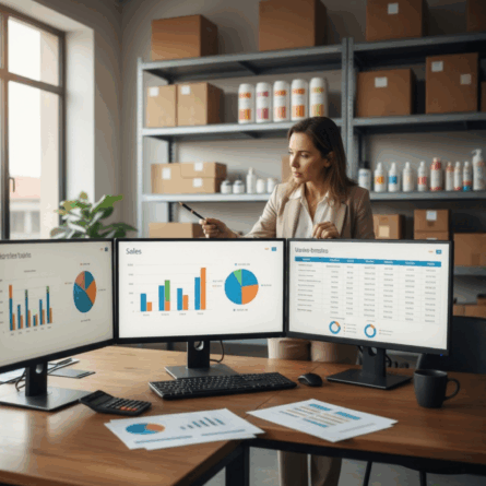 Gestor de e-commerce analisando dashboards em múltiplos monitores em escritório com caixas e prateleiras ao fundo, representando o cálculo do blended tax rate ideal para vendas em marketplaces após a Reforma Tributária.
