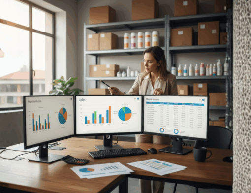 Gestor de e-commerce analisando dashboards em múltiplos monitores em escritório com caixas e prateleiras ao fundo, representando o cálculo do blended tax rate ideal para vendas em marketplaces após a Reforma Tributária.