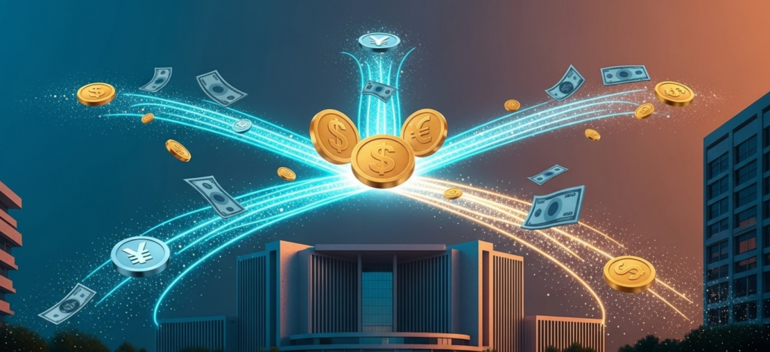 Ilustração conceitual do Split Payment no Brasil, mostrando o fluxo financeiro dividido entre empresa, fornecedor e governo dentro da Reforma Tributária de 2025.