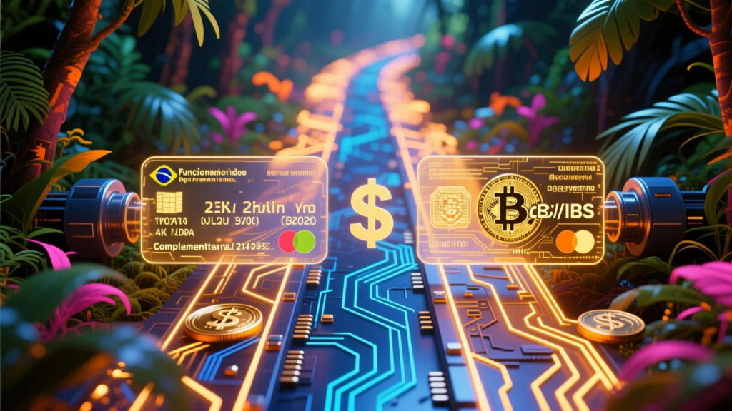 Representação visual do Split Payment no Brasil, mostrando a divisão automática do pagamento entre empresa e governo conforme a Lei Complementar 214/2025.