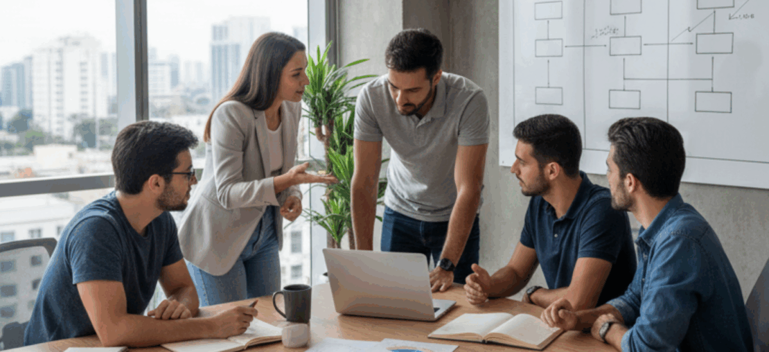 Fundadores de startup reunidos com consultor tributário em escritório moderno, analisando documentos e quadro comparativo de regimes, representando decisões sobre quando e como migrar de regime na Reforma Tributária.