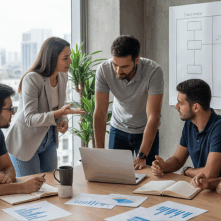 Fundadores de startup reunidos com consultor tributário em escritório moderno, analisando documentos e quadro comparativo de regimes, representando decisões sobre quando e como migrar de regime na Reforma Tributária.