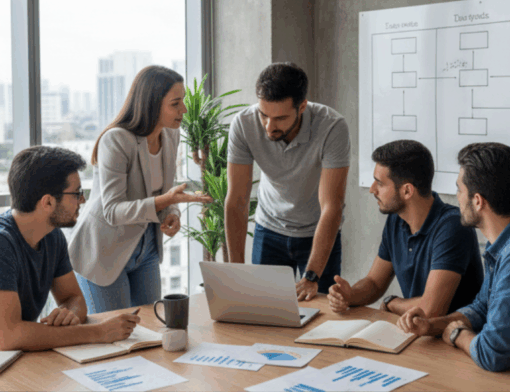 Fundadores de startup reunidos com consultor tributário em escritório moderno, analisando documentos e quadro comparativo de regimes, representando decisões sobre quando e como migrar de regime na Reforma Tributária.