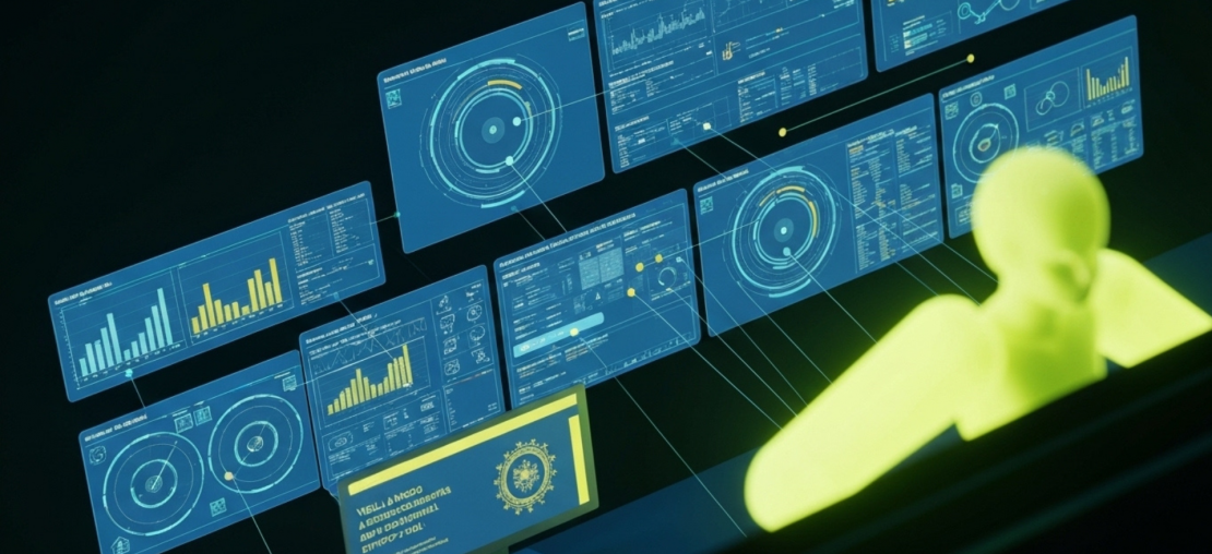 Ilustração de um sistema digital avançado representando o super-sistema da Receita Federal, com painéis de dados, gráficos e algoritmos de cruzamento fiscal.