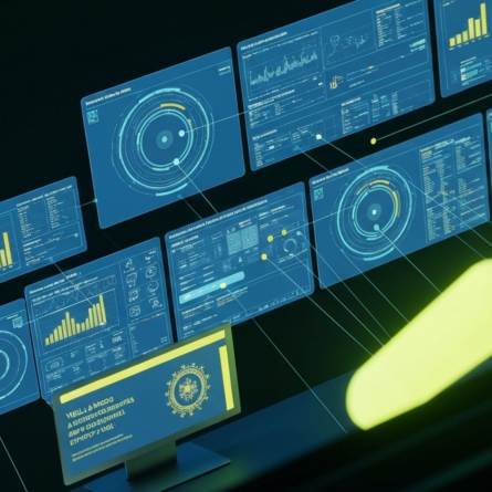 Ilustração de um sistema digital avançado representando o super-sistema da Receita Federal, com painéis de dados, gráficos e algoritmos de cruzamento fiscal.