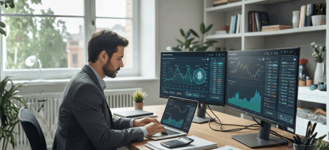 Consultor tributário analisando gráficos de criptomoedas no notebook, representando um guia prático sobre tributação de cripto em 2025 para IRPF e IRPJ.